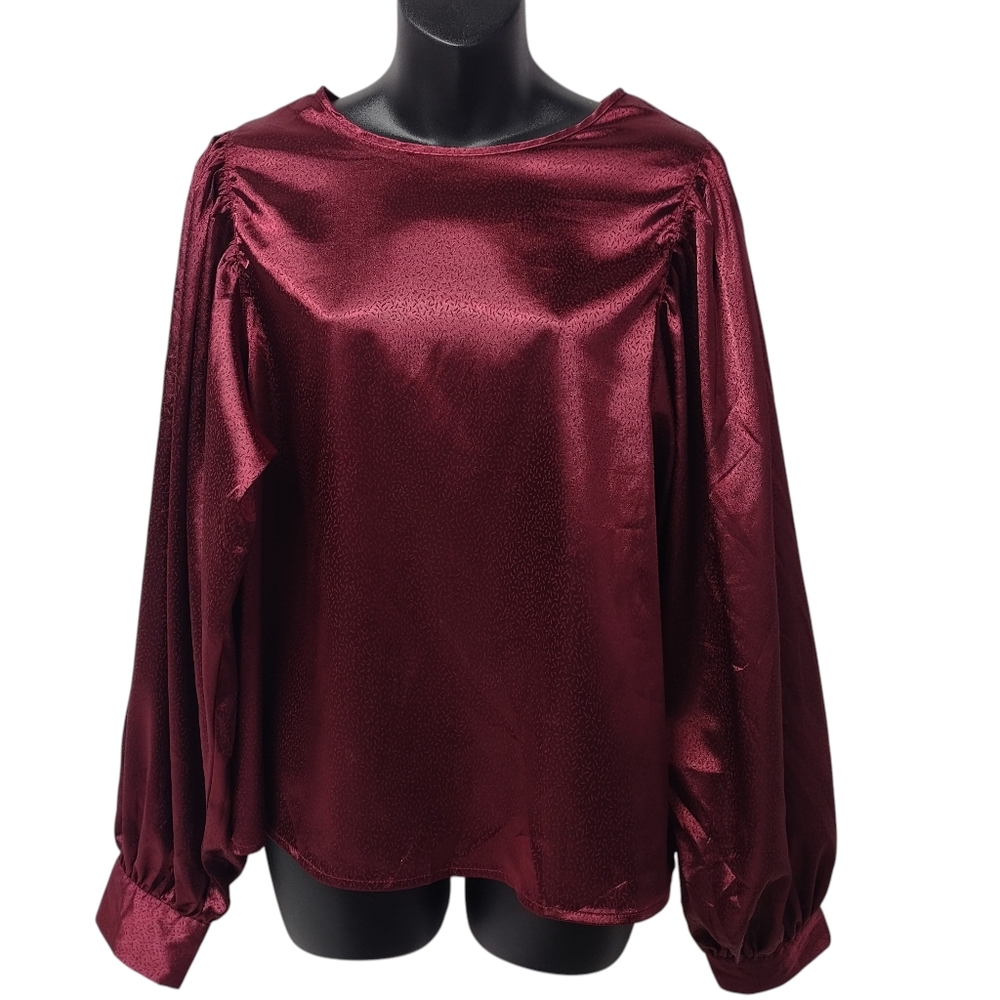 Wine & Love Women's Burgandy Round Neck Wide Sleeve Top Blouse Size M NWT